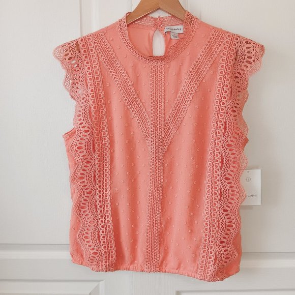Calligraphie Women's Coral Swiss Dot Lace Trim High Neck Sleeveless Top Size L - Picture 1 of 14